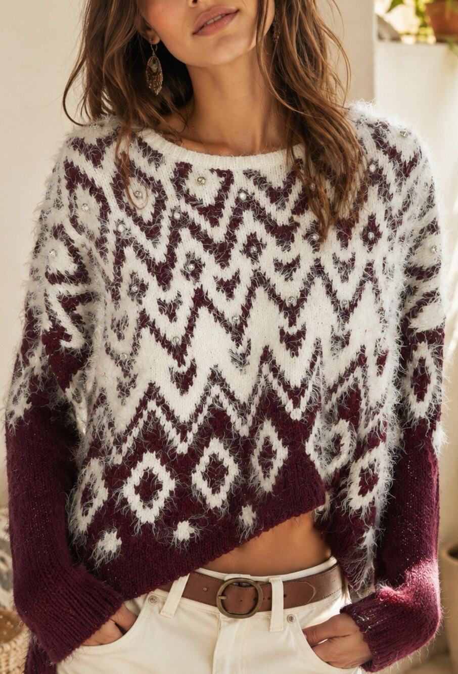 Abercrombie & Fitch Womens Soft Fuzzy Rhinestone & Pearl Sweater XS Maroon White